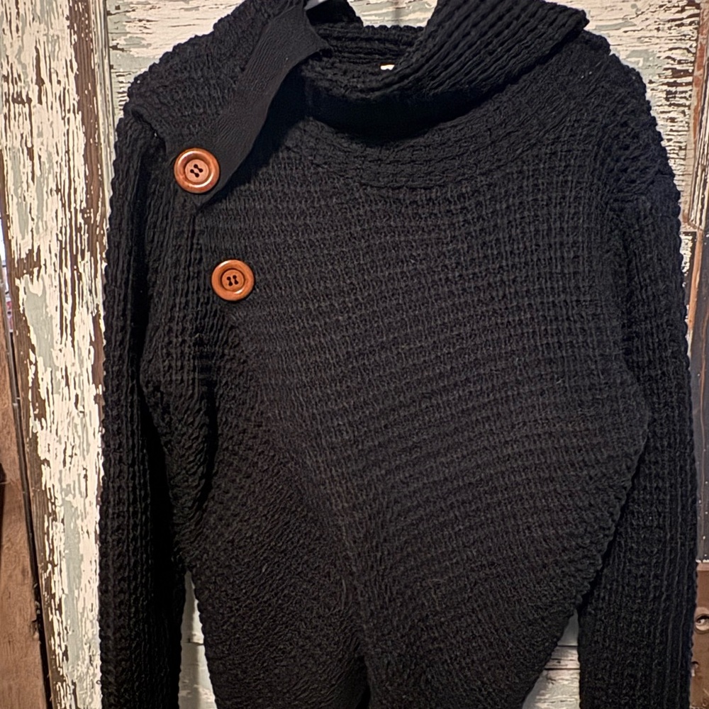 Zenana Outfitters Black Cowl Neck Sweater with Button Detail